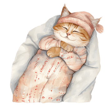 AI generated A charming watercolor illustration featuring a snug cat adorned in pajamas, peacefully curled up for a nap, creating a heartwarming and cozy scene. png
