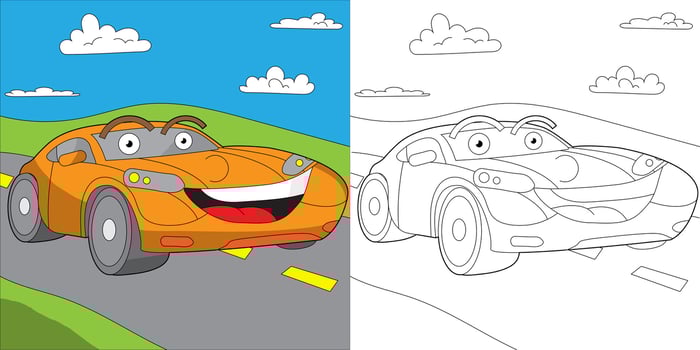 Cute smiling Race Car coloring page for kids vector