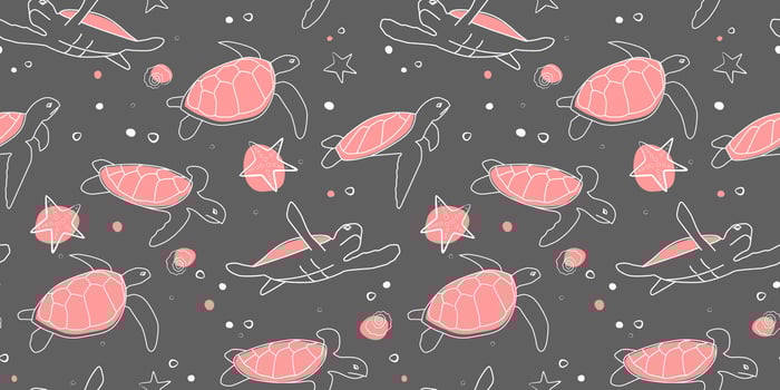 Seamless pattern with waterfowl turtles in under the sea. Abstract linear print with amphibians. Vector graphics.
