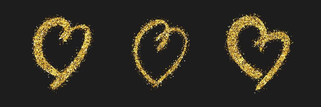 Set of three gold glitter doodle hearts on dark background. Gold grunge hand drawn heart. Romantic love symbol. Vector illustration.