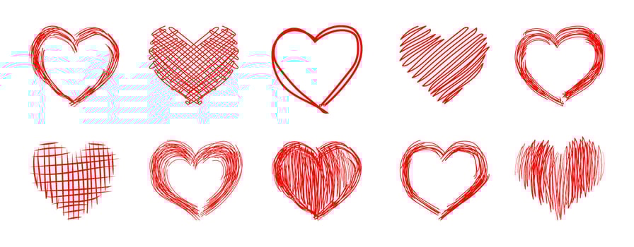 Set of black hand drawn hearts for Valentine's Day. Doodle line style. Collection of isolated vector design elements for icon or button, greeting card, invitation, poster, web banner.