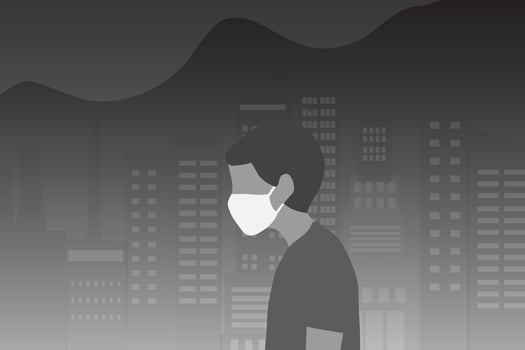 People wearing face masks tor protect smoke, dust and air pollution in city, factory pipes and industrial smog vector illustration. Air pollution concept background