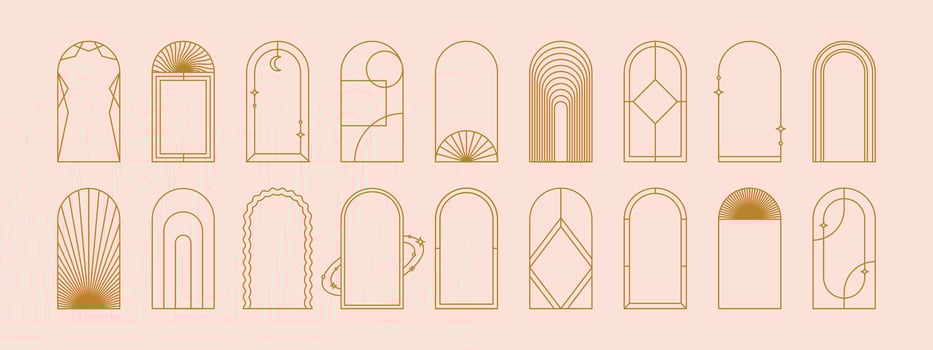 Modern aesthetic linear frames. Arch frames with sparkles and geometric forms for social media or poster design vector