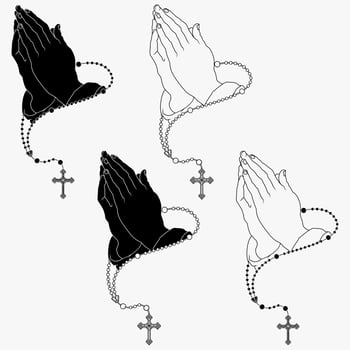 Vector design of praying hands with christian rosary, symbol of catholic religion