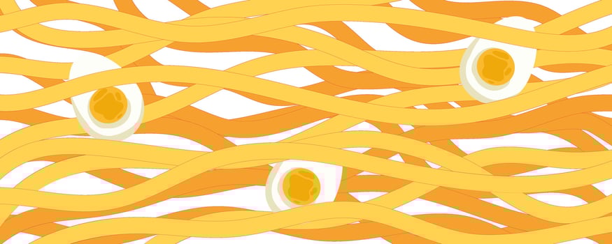 Noodle Ramen Pattern with egg background. Pasta food texture spaghetti geometric. Abstract ramen ornament. Flat vector illustration. Wave texture background