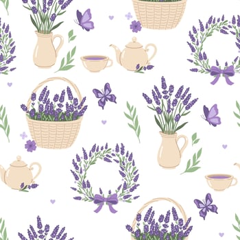 Seamless pattern with lavender bouquets in vases and baskets. Vector graphics.