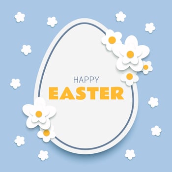Easter paper cut square banner concept big egg decorated with white flowers on blue background vector