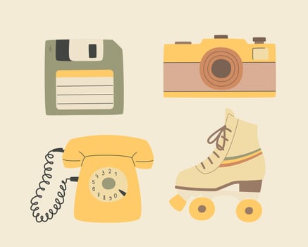 Nostalgia musical equipment, cassette tape and vinyl disc, radio and vinyl record player. Retro audio devices in a flat style, isolates. vector