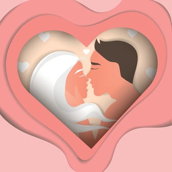 Man and woman in love kissing vector illustration in Paper craft art style.Portrait of a kissing couple of young people in a heart-shaped frame.Valentine's day design