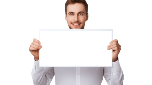 AI generated Man holding frame with transparent background. Happy young man with blank frame cut out png