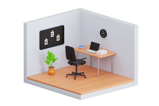 working space 3d illustration. working space interior with laptop on wood table, chair and house plants. 3d illustration png