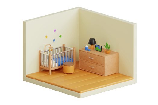Children bedroom 3d illustration. Cozy Kids Bedroom Interior 3D Illustration. Cute empty toddler nursery apartment design png
