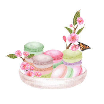 Hand-drawn watercolor illustration. White ceramic bowl with multi-colored macaroons and sakura branches with butterjly png