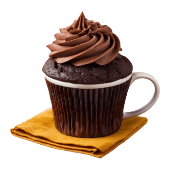 AI generated Chocolate cupcake in a mug placed on a wooden table isolated png