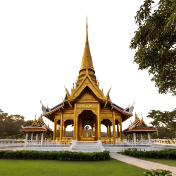 AI generated Thai style pavilion with a golden bell tower set against a transparent background isolated png