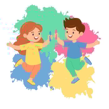 Boy and girl enjoy holi festival and playing pichkari. Vector illustration