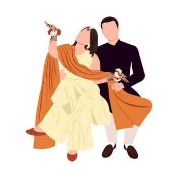 vector cute indian couple cartoon in traditional dress posing for wedding invitation card design