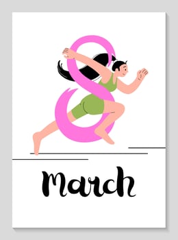 International Womens Day vertical poster. Girl athlete runs forward. 8 march symbol lettering. Girl power vertical Greeting Card. Background for web, print, congratulations. Vector flat illustration.