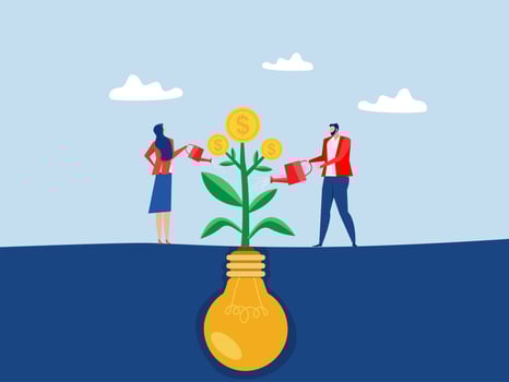 Monetize idea,businessman watering on growing money coin seedling plant from lightbulb idea metaphor of monetize idea. make profit from creativity or innovation. vector