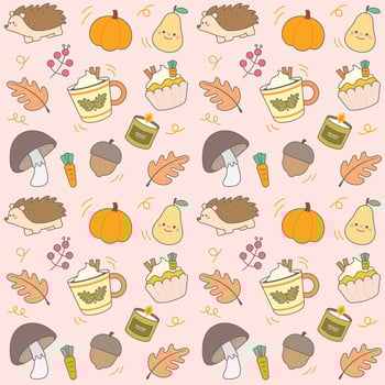 cute colorful vibrant sweet autumn seamless pattern hand drawn with autumn elements, textiles, clothing, wrapping paper, cover, banner, home decor, abstract backgrounds vector illustration