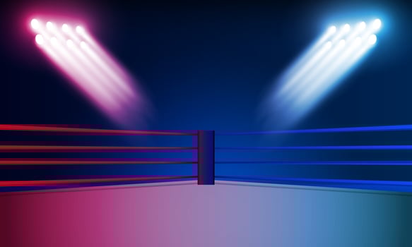 Boxing ring arena and floodlights vector design Bright stadium arena lights red blue. Vector illumination