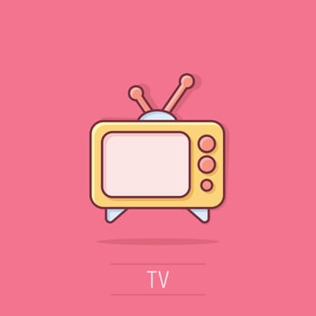 Tv icon in comic style. Television cartoon sign vector illustration on white isolated background. Video channel splash effect business concept.