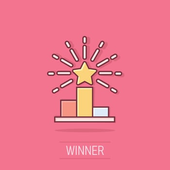 Podium icon in comic style. Pedestal cartoon vector illustration on white isolated background. Award splash effect business concept.