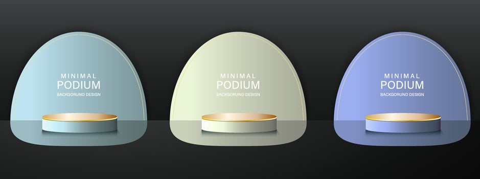 Set blue green, and yellow 3D cylinder stand podium in the arch window. Vector abstract studio room with geometric platform. Minimal wall scene for products showcase and promotion display.