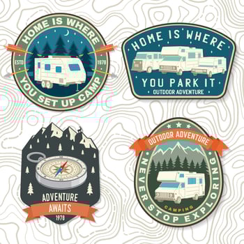 Set of Summer camp patches. Vector Concept for shirt or logo, print, stamp, patch or tee. Vintage typography design with rv trailer, camping tent, forest, mountain silhouette