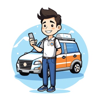 A man holding a cell phone next to a car vector