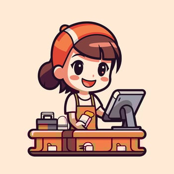 Cartoon character of a cashier working at the cash register vector