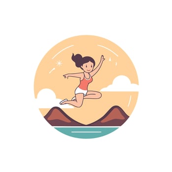 A woman jumping in the air with mountains in the background vector