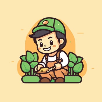 A cartoon farmer with a hat and green hat sitting on a bench vector