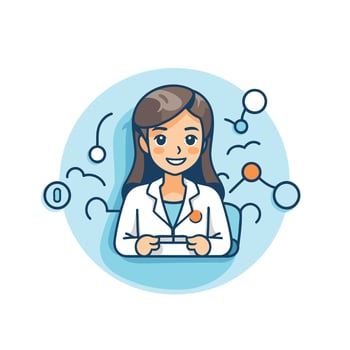 A woman in a lab coat is holding a tablet vector