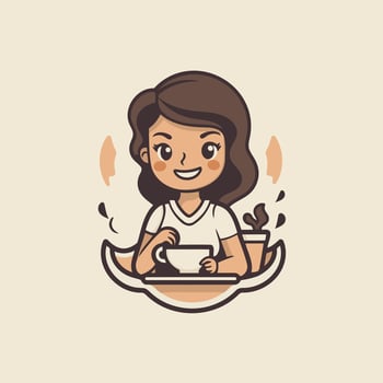 A woman is sitting at a table with a cup of coffee vector