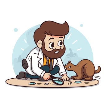 A man in a lab coat is looking at a small animal vector