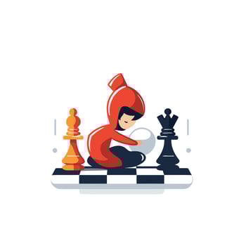 A girl in red is playing chess with a chess piece vector