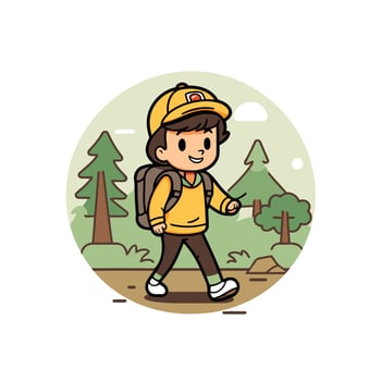 A boy with a backpack walking through the woods vector