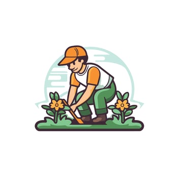 A man is working in the garden with a shovel vector