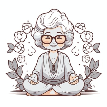 An old woman in glasses sitting in a lotus position vector