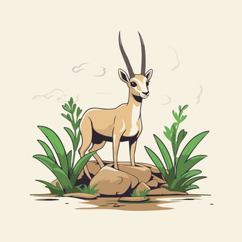 A cartoon gazelle standing on a rock in the grass vector