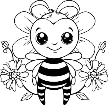 Coloring book for children bee with flowers Black and white element illustration vector