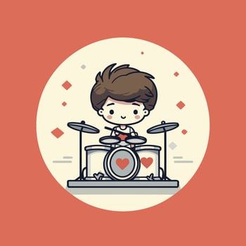 A cartoon boy playing the drums on a drum kit vector