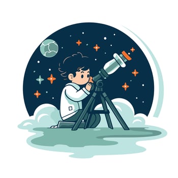 element illustration of a boy in a white coat watching the stars from a telescope vector