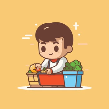 Cute boy shopping in the supermarket Cute cartoon character element illustration vector