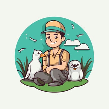 Gardener with seagulls cartoon element illustration graphic design vector