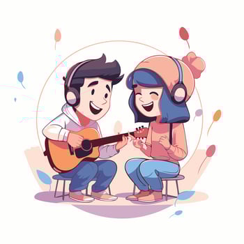 Young man and woman playing guitar and singing element cartoon illustration vector