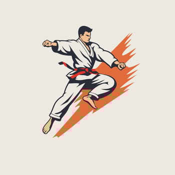A man in karate gear is jumping in the air vector