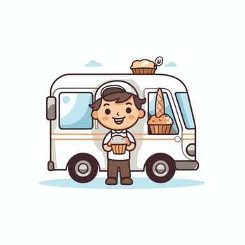 A man holding a loaf of bread next to a food truck vector