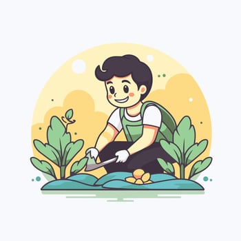 A man is working in the garden with a shovel vector